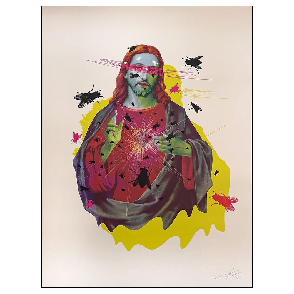 Sagrado Corazón de Jesús poster (Sacred Heart of Jesus) imagenes surrounded by flies.