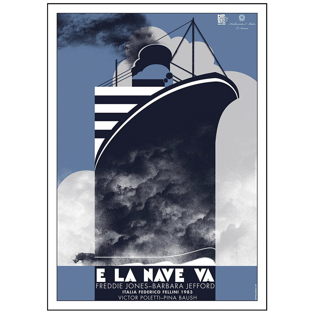 Fellini's E La Nave Va FIlm Poster festures a blue, black and white old cruise ship