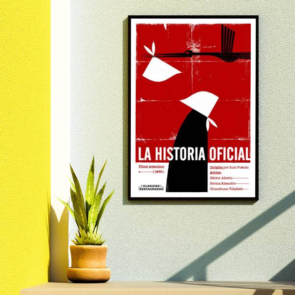 La Historia Oficial Poster Silkscreen by Nelson Ponce Bold red and black minimalist artwork featuring a stylized figure in a white headscarf, symbolizing Argentina’s Mothers of the Plaza de Mayo