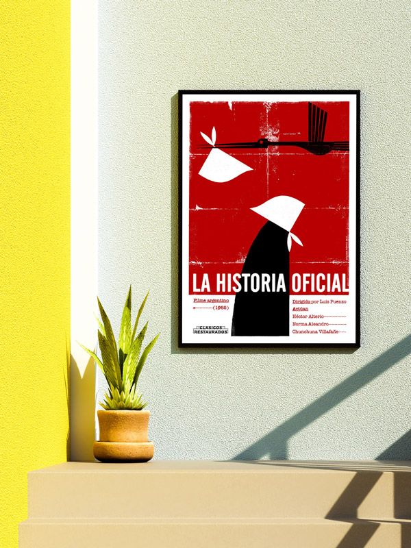 La Historia Oficial Poster Silkscreen by Nelson Ponce Bold red and black minimalist artwork featuring a stylized figure in a white headscarf, symbolizing Argentina’s Mothers of the Plaza de Mayo