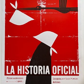 La Historia Oficial Poster Silkscreen by Nelson Ponce Bold red and black minimalist artwork featuring a stylized figure in a white headscarf, symbolizing Argentina’s Mothers of the Plaza de Mayo