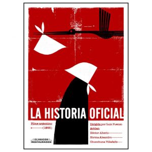 La Historia Oficial Poster Silkscreen by Nelson Ponce Bold red and black minimalist artwork featuring a stylized figure in a white headscarf, symbolizing Argentina’s Mothers of the Plaza de Mayo