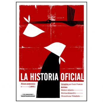 La Historia Oficial Poster Silkscreen by Nelson Ponce Bold red and black minimalist artwork featuring a stylized figure in a white headscarf, symbolizing Argentina’s Mothers of the Plaza de Mayo