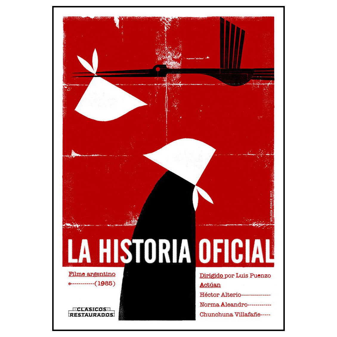 La Historia Oficial Poster Silkscreen by Nelson Ponce Bold red and black minimalist artwork featuring a stylized figure in a white headscarf, symbolizing Argentina’s Mothers of the Plaza de Mayo
