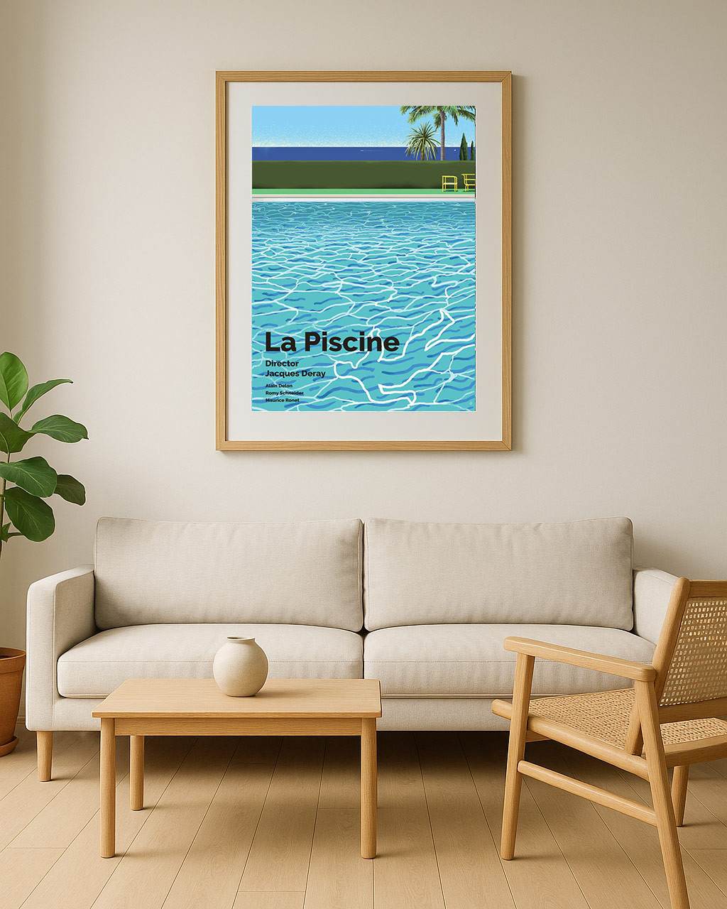 La Piscine film poster framed on a wall of a minimalistic living room