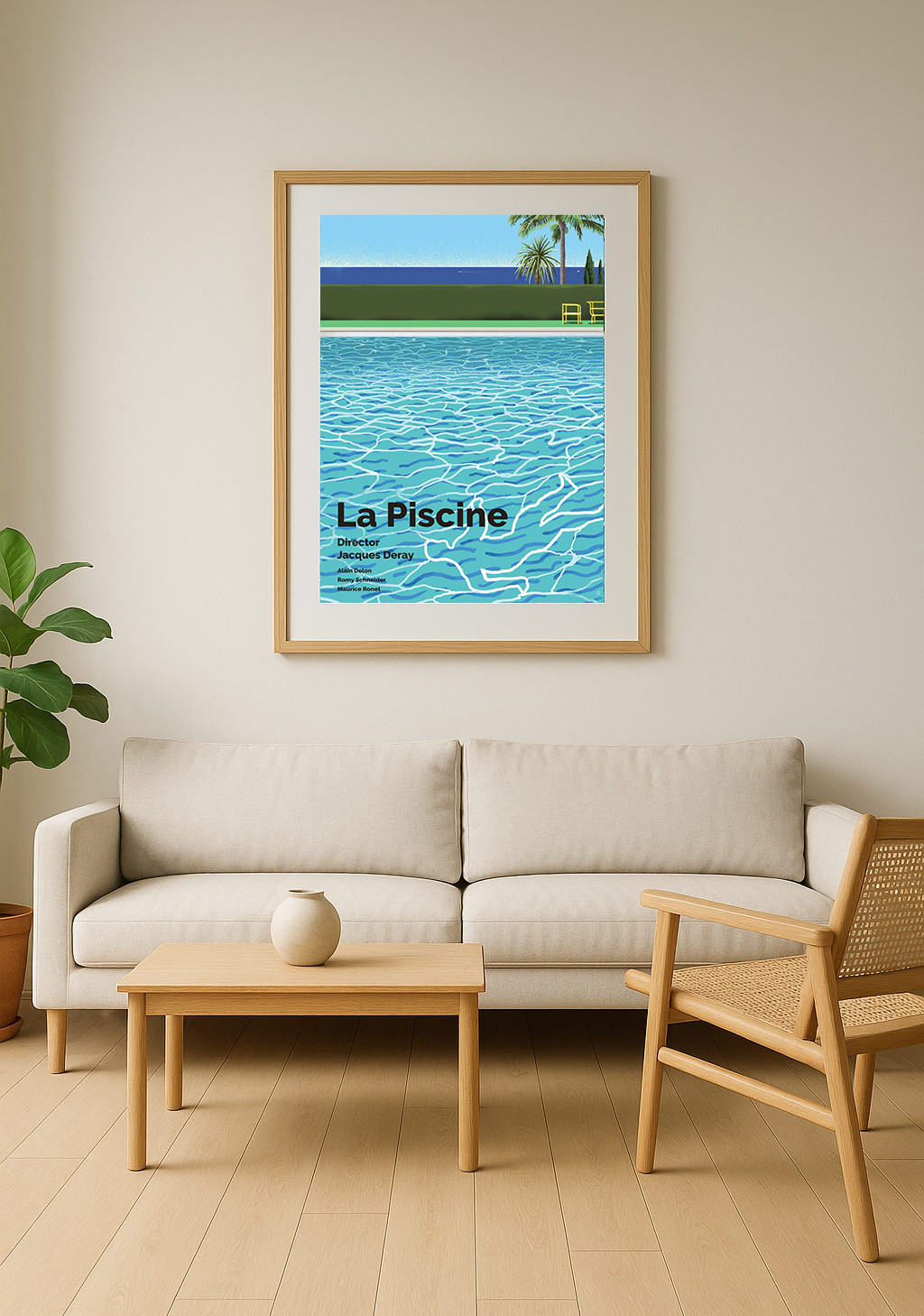 La Piscine film poster framed on a wall of a minimalistic living room